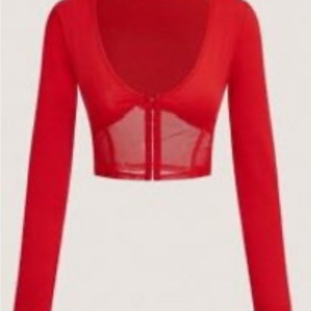 SHEIN Red Sheer Panel Long Sleeve Bodysuit